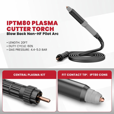 Pro Grade IPTM80 Non HF Pilot Arc CNC Plasma Cutting Torch 80 Amp Straight Torch With 20 Ft Cable shown coiled with tips