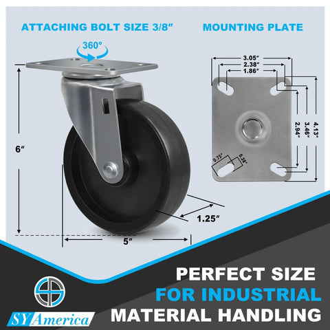 Heavy Duty Industrial Caster Wheels Built Hard As Nails With Polyolefin Rolling Action Moves Like Butter And Handles 1800 Lbs Without Skipping A Beat, 6-inch size with mounting plate.