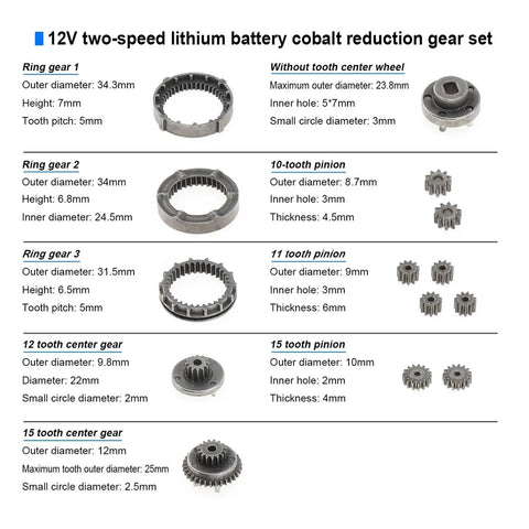 15 Tooth And 18 Tooth Charging Drill Gear Set 12V Two Speed Planetary Reduction Gear Kit showing various gear components
