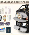 Underseat Carry On Luggage With Wheels For Travel Airline Approved Personal Item Bag With Leather Handle showing front pocket with items inside