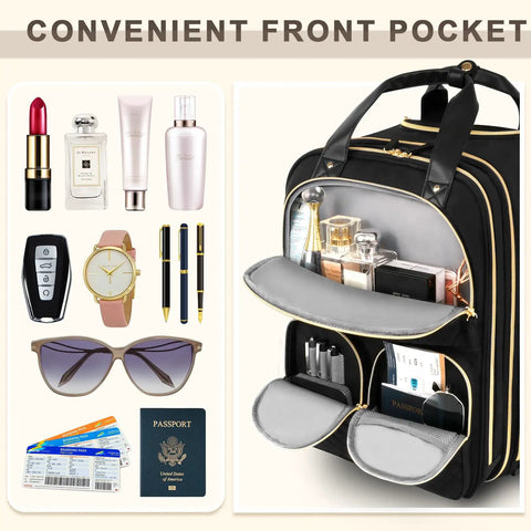 Underseat Carry On Luggage With Wheels For Travel Airline Approved Personal Item Bag With Leather Handle showing front pocket with items inside