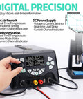 Close-up of digital interface on Three In One Hot Air Rework Soldering Station With DC Power Supply 30V 5A PID Temperature Control