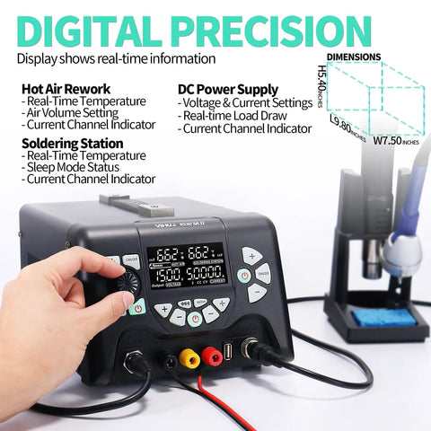 Close-up of digital interface on Three In One Hot Air Rework Soldering Station With DC Power Supply 30V 5A PID Temperature Control