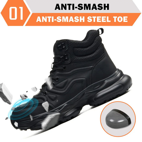 Mens Steel Toe Work Boots Waterproof Safety Shoes For Job Sites, Rugged All Day Comfort, ASTM F2413-18 Certified, Anti-Smash Black
