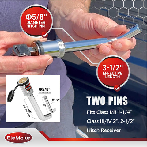 Beefed Up Heavy Duty Trailer Hitch Lock With Brass Core Pin One Half Inch And Five Eighths Inch Extra Long Three Inch And Three And A Half Inch For Class One To Five Tow Receivers Keeps Your Trailer Boat Or RV Secure with visible dual 5/8 inch and 1/2 inch pins and extensions in use.