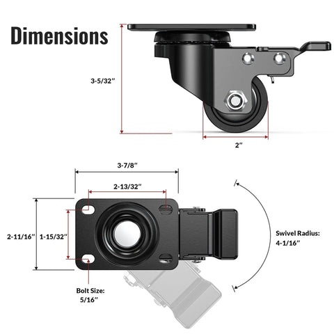 Dimensions of Badass 2 Inch Low Profile Casters With Total Lock Brakes And Durable Nylon Wheels for heavy-duty use.