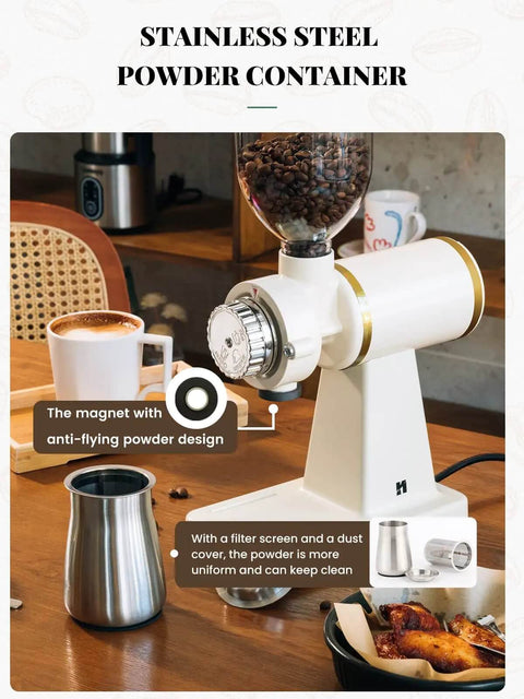 Electric Coffee Bean Grinder 250G For Commercial And Home Use 200W Automatic Burr Grinder With Eight Grind Settings From Fine To Coarse See Through Hopper Barista Quality Fresh Grounds White on a kitchen counter with coffee and pastries.