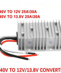 Built Tough Heavy Duty Dc To Dc Boost Converter Step Up Voltage Regulator Module For Auto Cars And Boats Delivers Straight Up Steady 12 Volt 13 Point 8 Output At 10 Amp Load in silver color with wires.