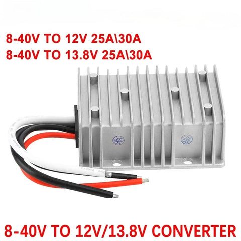 Built Tough Heavy Duty Dc To Dc Boost Converter Step Up Voltage Regulator Module For Auto Cars And Boats Delivers Straight Up Steady 12 Volt 13 Point 8 Output At 10 Amp Load in silver color with wires.