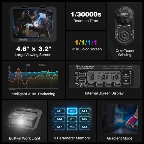 Pro Grade Auto Shade Welding Helmet With Large 4.6 By 3.2 Inch Viewing Screen Internal Display True Color 1 By 1 By 1 By 1 Fast 1/30000s Reaction Memory Gradient Built In LED Light Adaptive Arc Sensor For Easy Eye Friendly Welds features grid