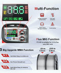 LCD display and controls of Dual Voltage 110 Volt 220 Volt 145 Amp MIG TIG Stick Welder 3 In 1 Flux Core Gasless Welder