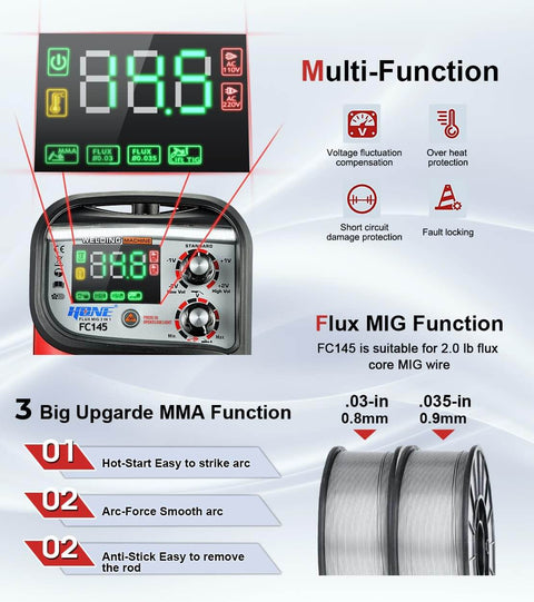 LCD display and controls of Dual Voltage 110 Volt 220 Volt 145 Amp MIG TIG Stick Welder 3 In 1 Flux Core Gasless Welder