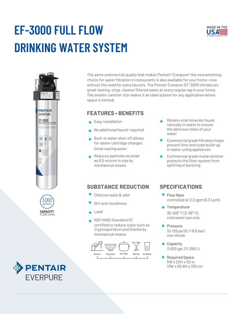 EF 3000 Quick Change Filter Cartridge For Full Flow Drinking Water System, 3000 Gallon Capacity, product details sheet