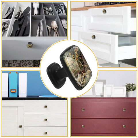 4 Pack Black Kitchen Cabinet Knobs Featuring Flower And Chicken Fence Design in various kitchen and drawer settings