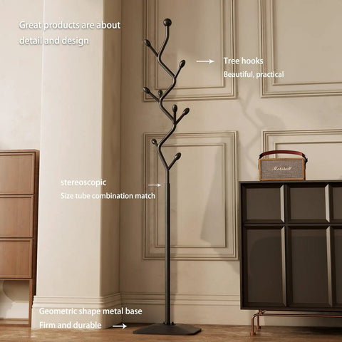 Tree Shaped Coat Rack With Eight Hooks Heavy Duty Freestanding Metal Coat Tree On Cast Iron Base Black Finish in modern room