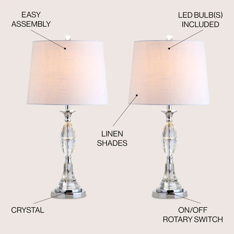 Crystal Glass Table Lamps Set Of 2 With Clear Chrome Finish, White Linen Drum Shade, Classic French Country Vibe
