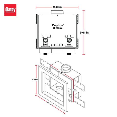 Diagram of Quadtro Washing Machine Outlet Box With Hammer Arrestors, showing dimensions and structure with front and side views.