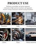 Collage of machinery and vehicles showing excavators, lathe, grinding machines, chains, gears, and car for lubrication use