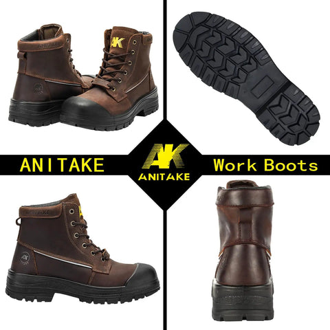 Rugged 6 Inch Steel Toe Work Boots For Men With Oiled Crazy Horse Leather Construction, shown from multiple angles