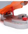 Close-up of Compact Mini Table Saw And Miter Chop Cutter's base with bevel adjustment and blade guide.
