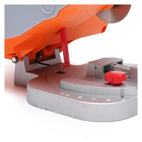 Close-up of Compact Mini Table Saw And Miter Chop Cutter's base with bevel adjustment and blade guide.