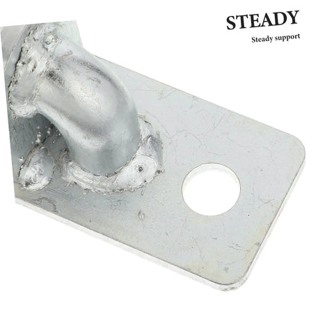 Close-up of a sturdy silver steel bracket with a welded hinge for Top Shelf Wall Mounted Gate Hinges 4 Pack.