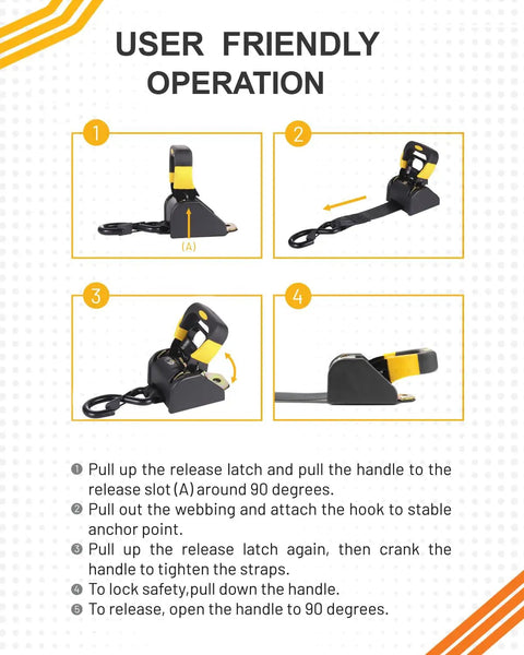 User-friendly operation guide for Retractable Ratchet Straps 2 Pack 1 7/8 Inch By 4 Foot Heavy Duty Transom Tie Downs