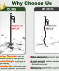 Comparison of heavy duty tent stake and regular stake showing size and features for heavy duty tent stakes kit with hammer and pouch.