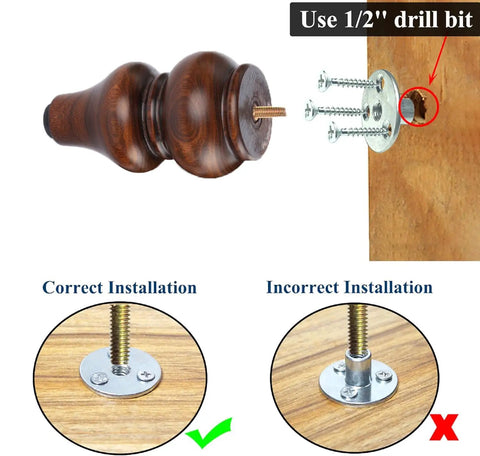 Six Inch Wood Furniture Legs Set Of 4 Adjustable Leveling Feet Round Brown Replacement installation guide