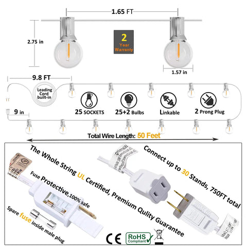 Diagram showing dimensions and features of Outdoor Globe String Lights White G40 Patio Lights Linkable Waterproof For Wedding Party Pergola Gazebo 27 Shatterproof Clear Bulbs Plus 2 Extra 6 Ft Lead Cord Ready To Plug In Backyard Ambiance.