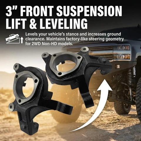 3 Inch Lift Suspension Kit With Spindles And Knuckles For 1999 To 2007 Silverado 1500 Tahoe Suburban featuring two black spindles