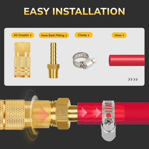 Diagram showing components of 5/16 Inch Brass Hose Barb Union Splicer Kit 2 Pack with 4 Stainless Steel Clamps for easy installation.