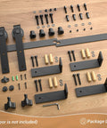 10 Ft Ceiling Mount Sliding Barn Door Hardware Kit Black With Low Ceiling L Shape Bracket System components laid out