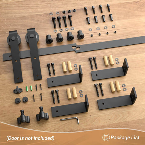 7 Foot Ceiling Mount Sliding Barn Door Hardware Kit Black Heavy Duty Steel Roller Hanger L Shape Bracket System For Low Ceiling Fits 42 Inch Wide Single Door Stable Quiet Smooth Operation, unassembled components on wooden surface