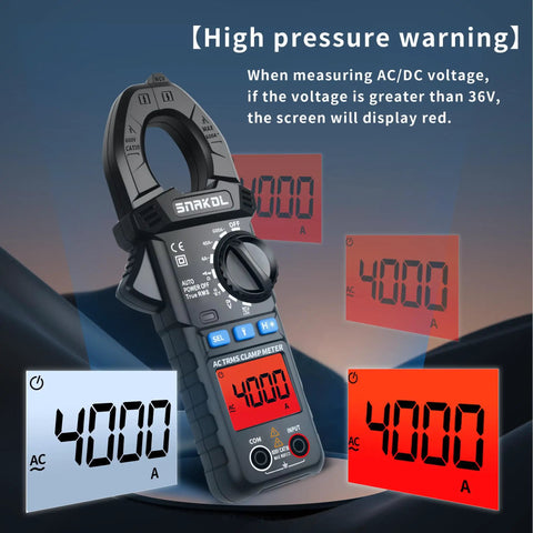 Display of All In One Clamp Meter For AC And DC Voltage And Current, 600A Range, 6000 Counts, high pressure warning screen