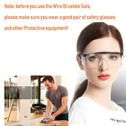 Woman wearing safety glasses for "All In One Sanding Drum Kit For Dog Nail Grinder And Rotary Tool, 100 Pcs 80 Grit Sanding Bands With 1 8th Inch Mandrels, Pro Pet Grooming And DIY Woodworking Accessories Set" with man working in the background.