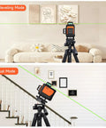 4D Laser Level With Tripod And Dual Batteries 360 Self Leveling Green Beam For Construction Worksite showing self-leveling and manual modes