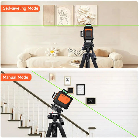 4D Laser Level With Tripod And Dual Batteries 360 Self Leveling Green Beam For Construction Worksite showing self-leveling and manual modes