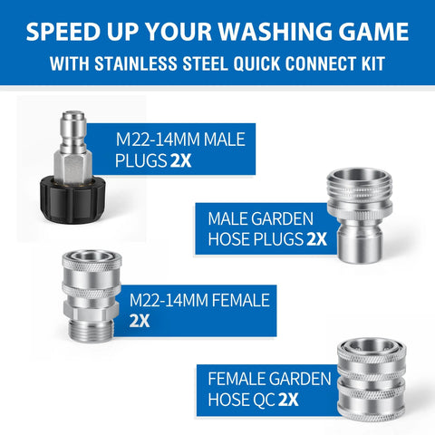 Stainless steel pressure washer quick-connect kit: M22-14mm male/female plugs and garden hose QC fittings, 2x each