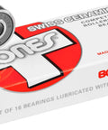 Bones Swiss Ceramics skateboard bearings, 8mm, 16-pack, metal outer race on white packaging with red logo
