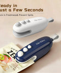 White and blue 2 In 1 Bag Sealer With Cutter Portable Rechargeable Heat Sealer With Magnetic For Chips Snacks And Plastic Bags Fast Warm Up Reseal Bags On The Go No Mess Keeps Fresh Snacks Crunchy