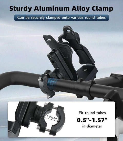 Adjustable Bike Water Bottle Cage Fits 1.9 To 3.6 Inch Bottles On Handlebar Or Frame showing aluminum alloy clamp on round tube.