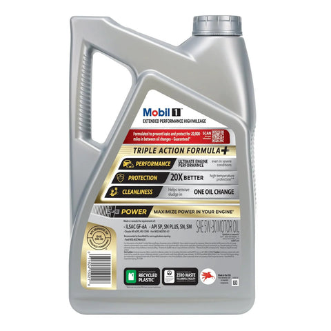 Front view of Mobil 1 Extended Performance High Mileage motor oil bottle, 5W-30, 5-quart