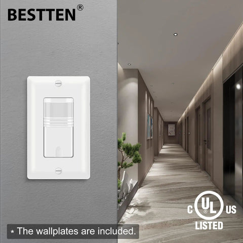 10 Pack Motion Sensor Light Switch With PIR Sensor, Easy Install Single Pole Wall Switch, shown in modern hallway
