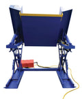 Electric Hydraulic Ground Lift Table With Tilt Top, 44 By 52 Inch Steel Deck, 4000 Lb Capacity, blue hydraulic lift with control panel.
