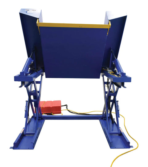 Electric Hydraulic Ground Lift Table With Tilt Top, 44 By 52 Inch Steel Deck, 4000 Lb Capacity, blue hydraulic lift with control panel.