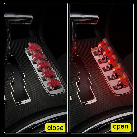 Five Pack 12V LED Toggle Switches Heavy Duty 20A SPST On Off 3 Pin Rocker For Automotive Cars Trucks Boats Racking With Red LED Indicator And Transparent Safety Cover on carbon fiber dashboard, closed and open