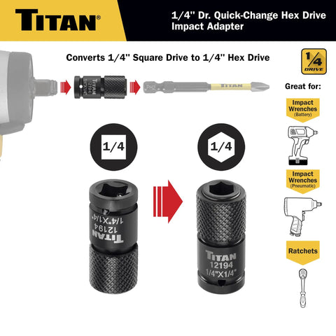 1/4-Inch To 1/4-Inch Hex Drive Quick-Change Impact Adapter For Square Drive Wrenches, Ratchets, And Extensions, Chrome Molybdenum Steel
