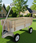 Beefy All Terrain Pull Wagon With Removable Wooden Side Panels And Solid Tires, Heavy Duty Yard And Garden Pull Along Wagon, 176 Lb Load Capacity, Foldable Long Handle For Easy Storage, White