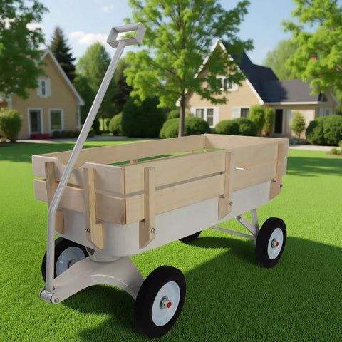 Beefy All Terrain Pull Wagon With Removable Wooden Side Panels And Solid Tires, Heavy Duty Yard And Garden Pull Along Wagon, 176 Lb Load Capacity, Foldable Long Handle For Easy Storage, White